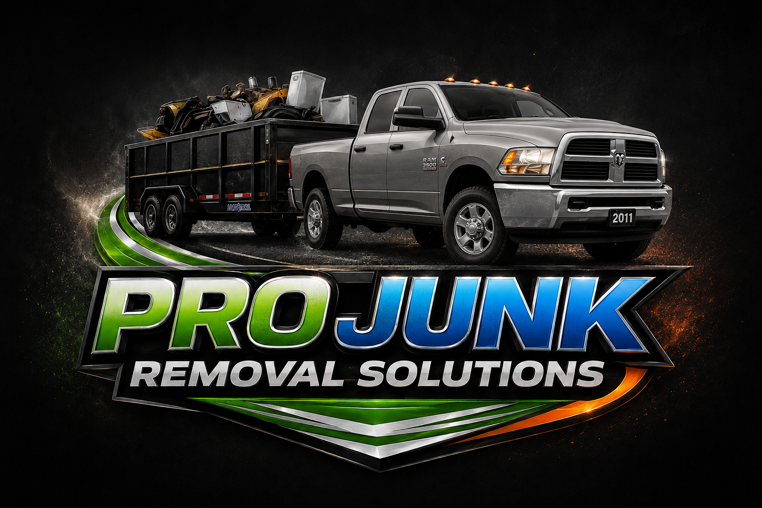 Pro Junk Removal Solutions truck and trailer loaded with hauled junk
